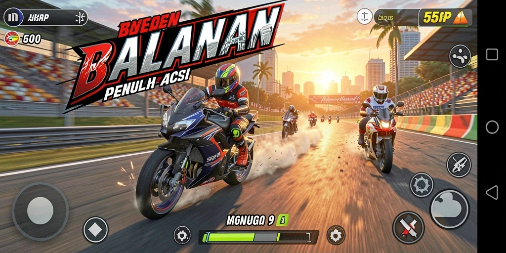 Tampilan gameplay 55RP yang memukau dengan balapan motor seru.