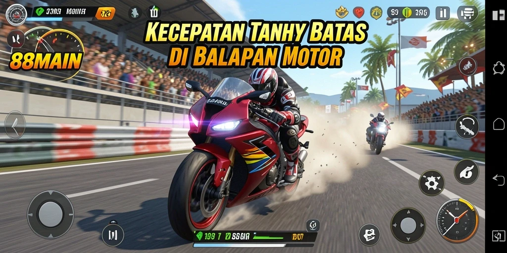 Screenshot gameplay 88MAIN yang menunjukkan aksi balapan motor yang seru.