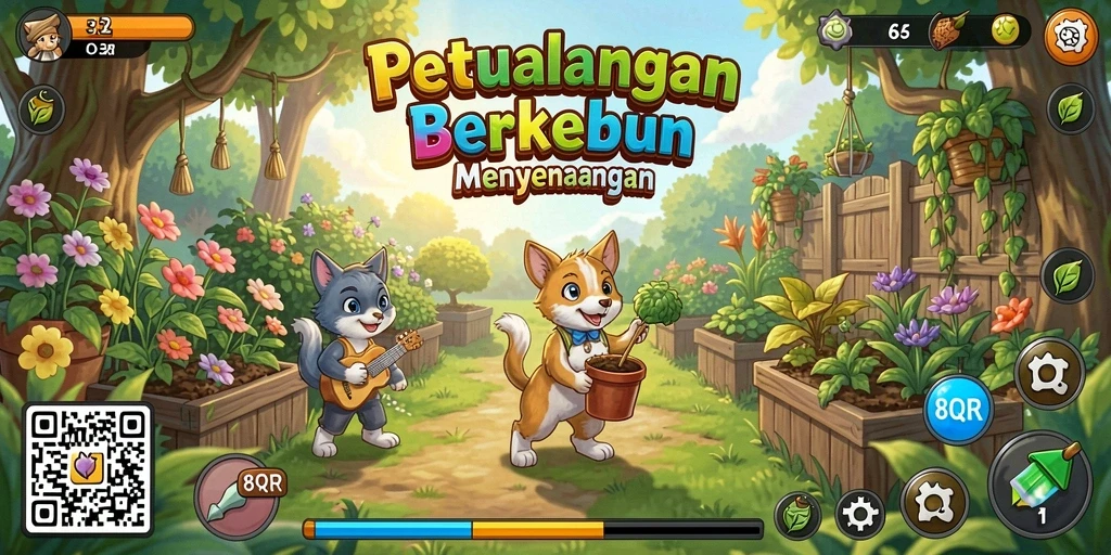 Screenshot gameplay menampilkan petualangan berkebun di 8QR.