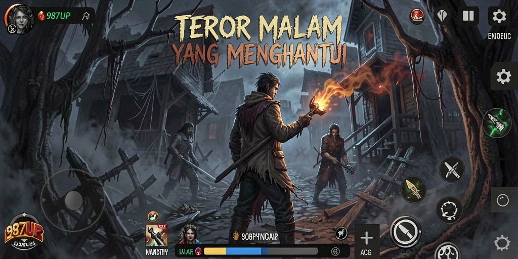 Tampilan gameplay menegangkan di 987UP saat melintasi kegelapan.