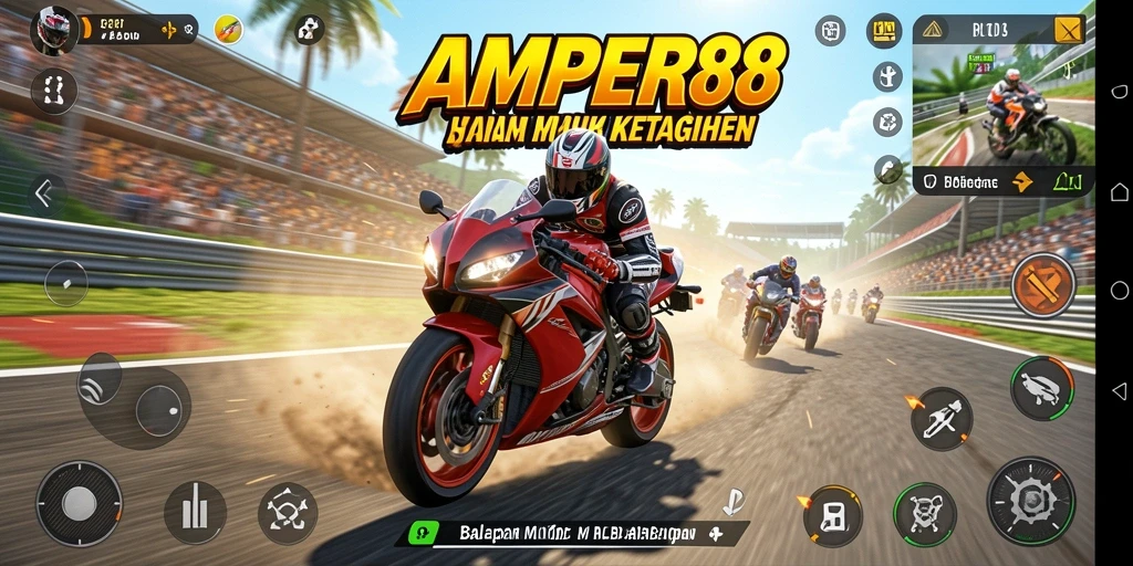 Tampilan gameplay seru AMPER88 dalam balapan motor yang penuh aksi.