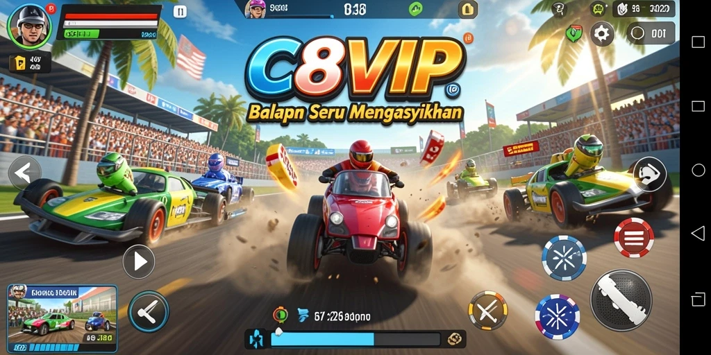 Tampilan gameplay C8VIP dengan mobil balap yang sedang beraksi.