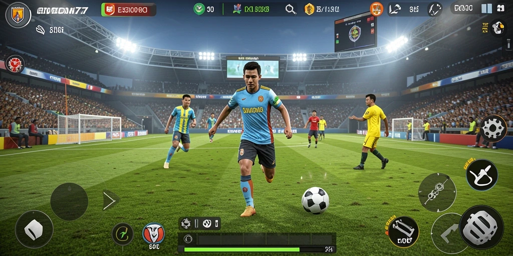 Tangkapan layar gameplay EMON77 menampilkan aksi seru dalam sepak bola.