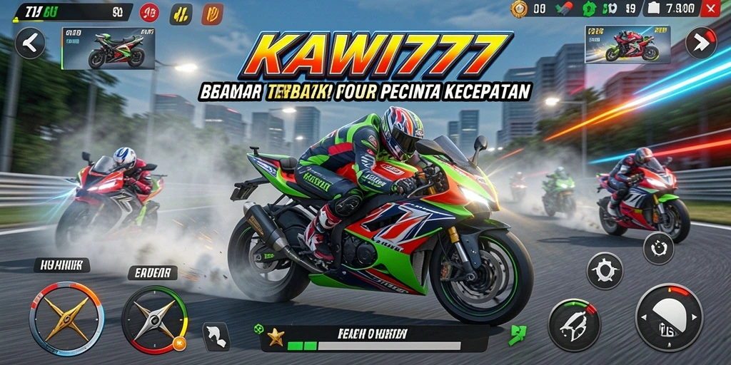 Screenshot utama KAWI777 menampilkan aksi balap motor di trek yang menantang.