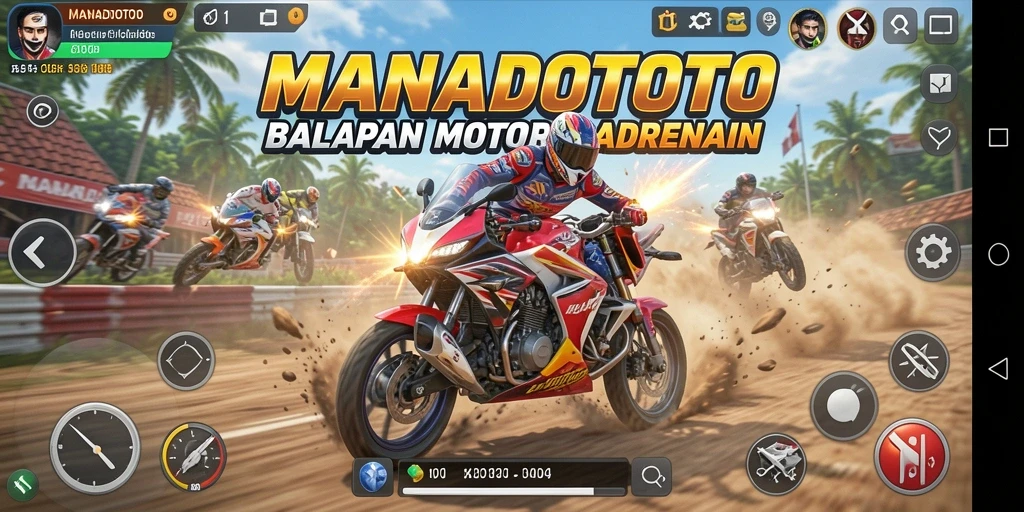 Screenshot gameplay MANADOTOTO dengan aksi balapan motor yang seru.