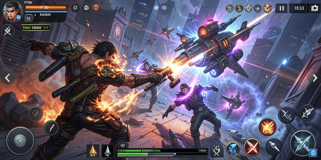 Tampilan gameplay PT89 dengan karakter bertarung epik.