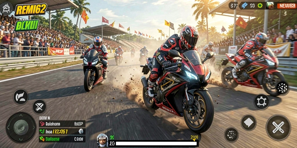 Tangkapan layar REMI62 yang menampilkan aksi balapan motor yang mendebarkan.