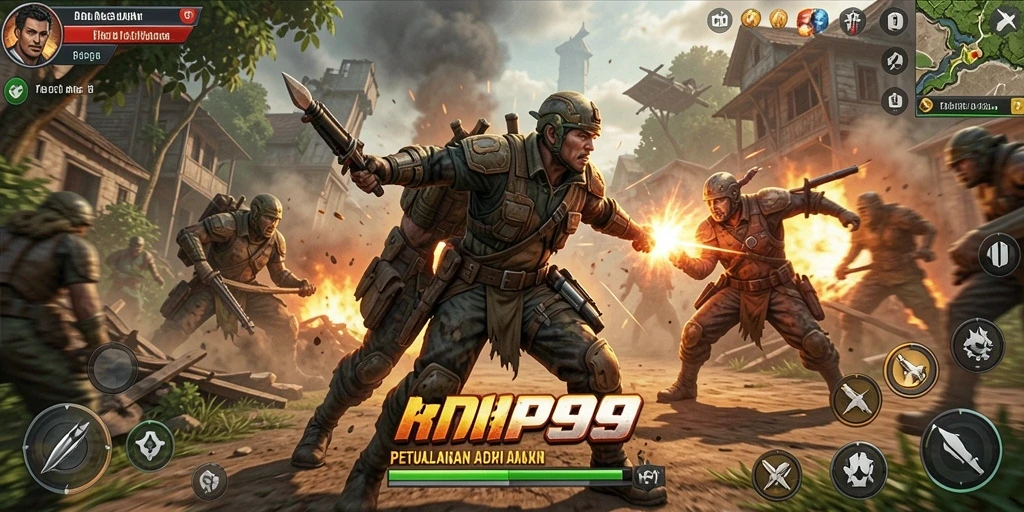 Screenshot gameplay RP99 menunjukkan aksi pertempuran yang intens.