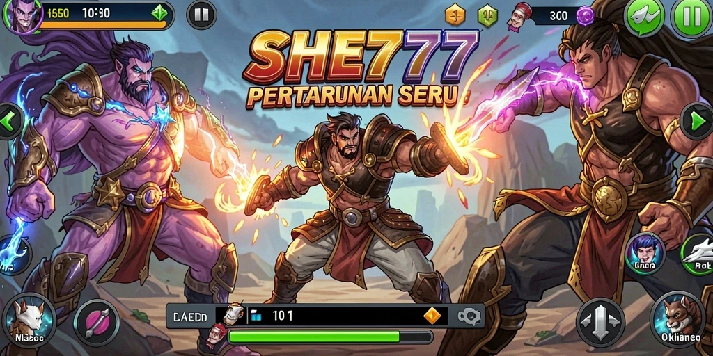 Tampilan gameplay pertarungan seru dalam SHE777 dengan karakter yang beragam.