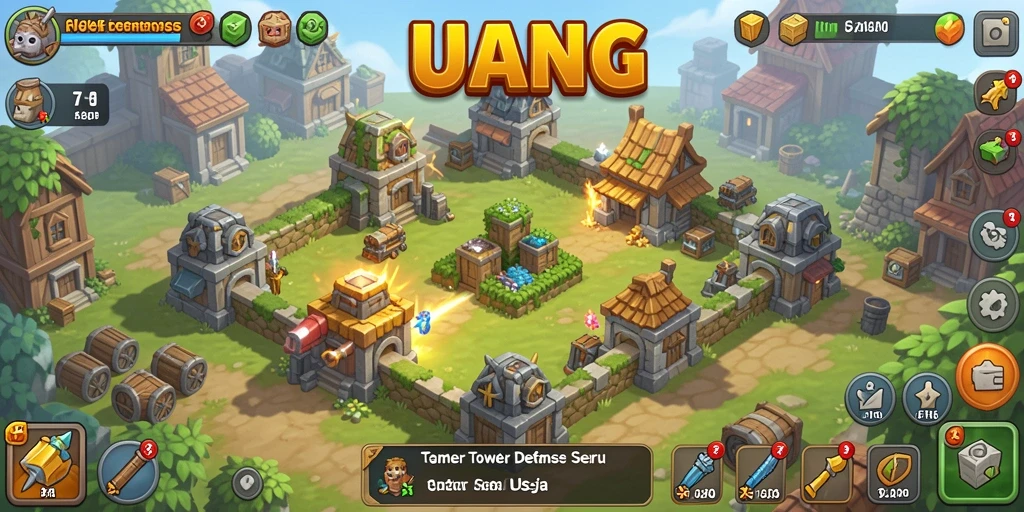 Tangkapan layar permainan UANG menunjukkan aksi strategi Tower Defense yang intens.